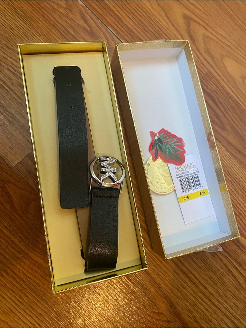 Michael Kors Black Leather Belt with Silver Crystal MK Buckle